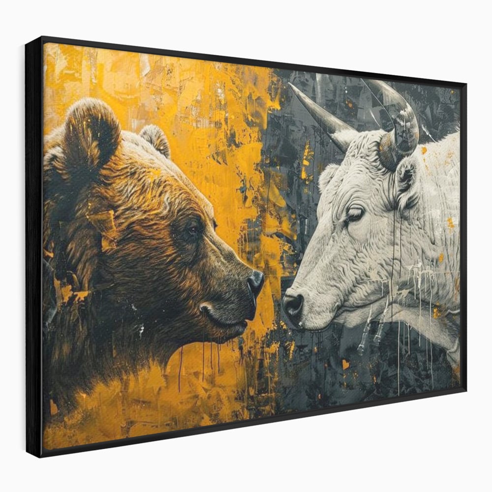 Tablou canvas cu tablou canvas cu urs si taur, in rama de aluminiu negru